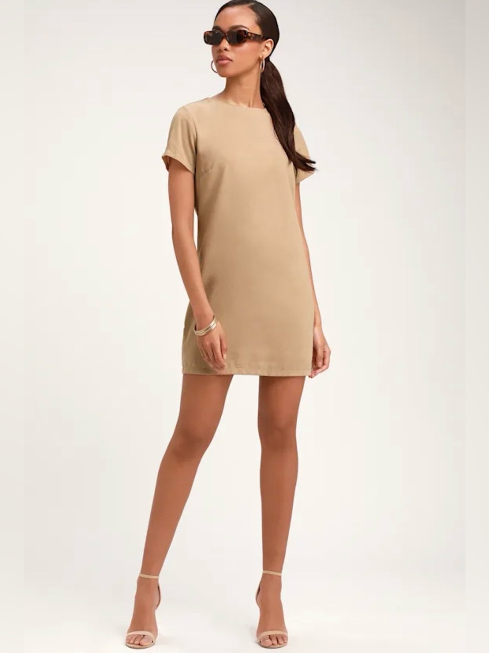 Lulus Beige/Taupe Shift and Shout Beige Mini Dress with Gold zipper Size L